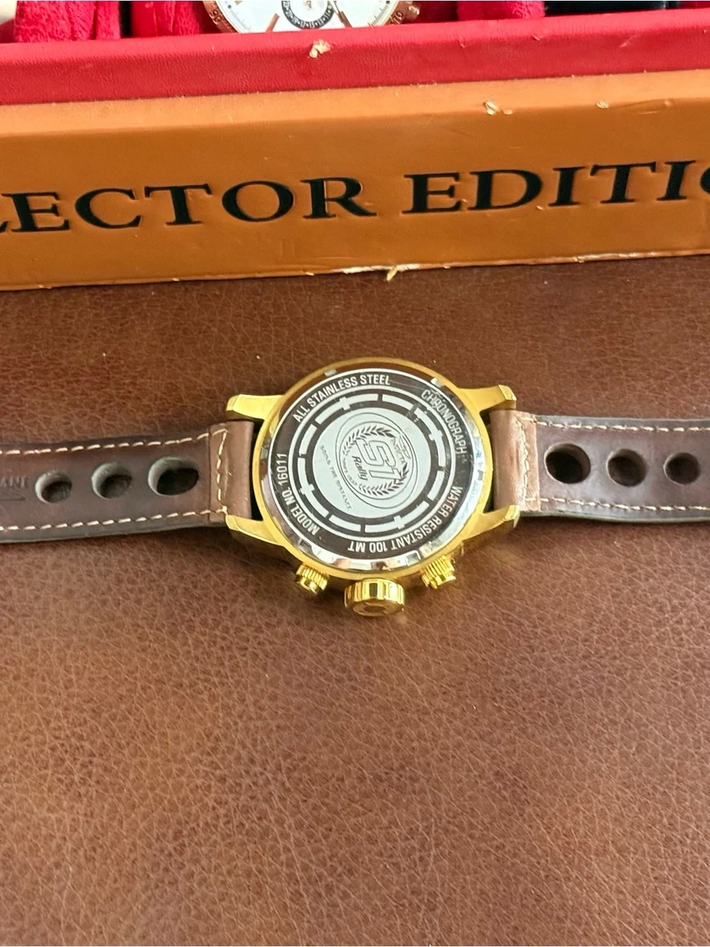 Invicta Gold Case Chronograph Watch with Brown Leather Strap